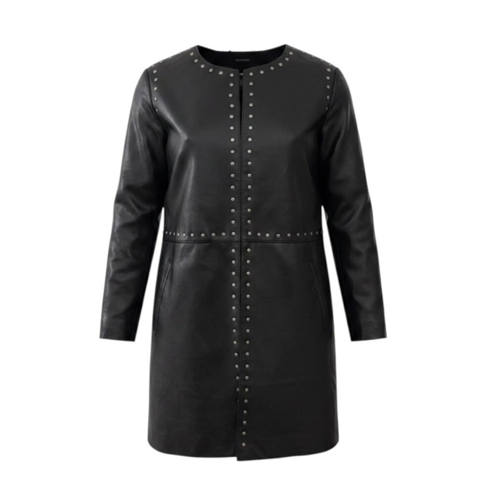 Chico's Black Faux Leather Mid-Length Coat Jacket Grommets Studs Sz 2 (L/12)